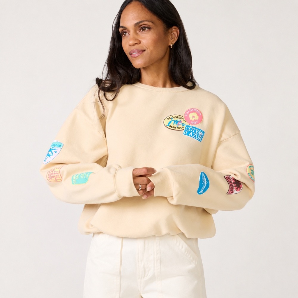 NEW Daydreamer Womens Graphic Patch Oversized Crewneck Sweatshirt Cream Small